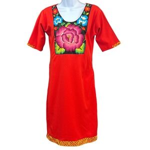 Vintage Unbranded Mexican Floral Dress Boho Embroidered Folk Art Fiesta Red